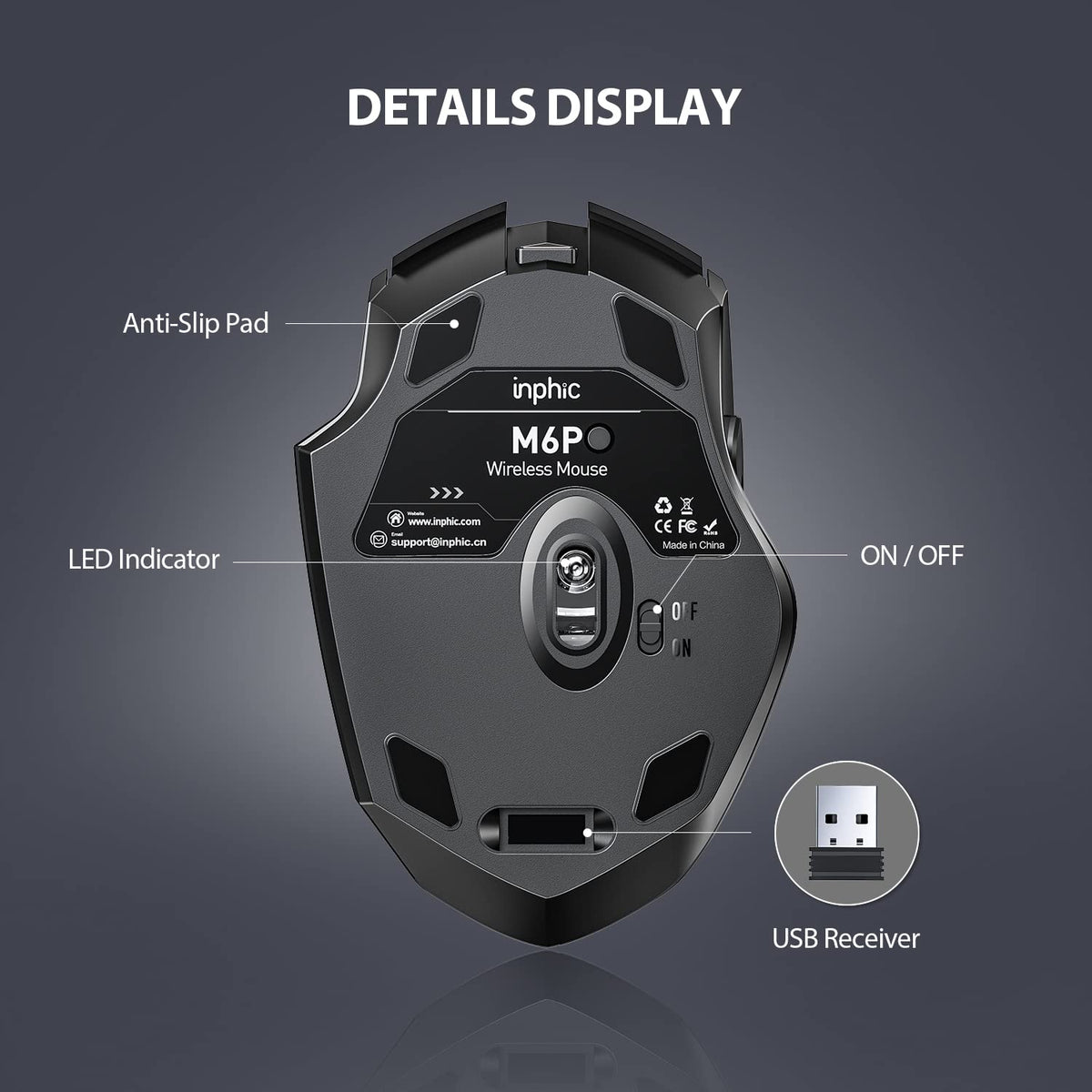 INPHIC Wireless Mouse Rechargeable, [Battery Level Visible], Silent Click USB 2.4G Cordless Mouse for Laptop PC Computer Tablets, 6 Buttons, 2400DPI 4 Adjustment Levels, Black