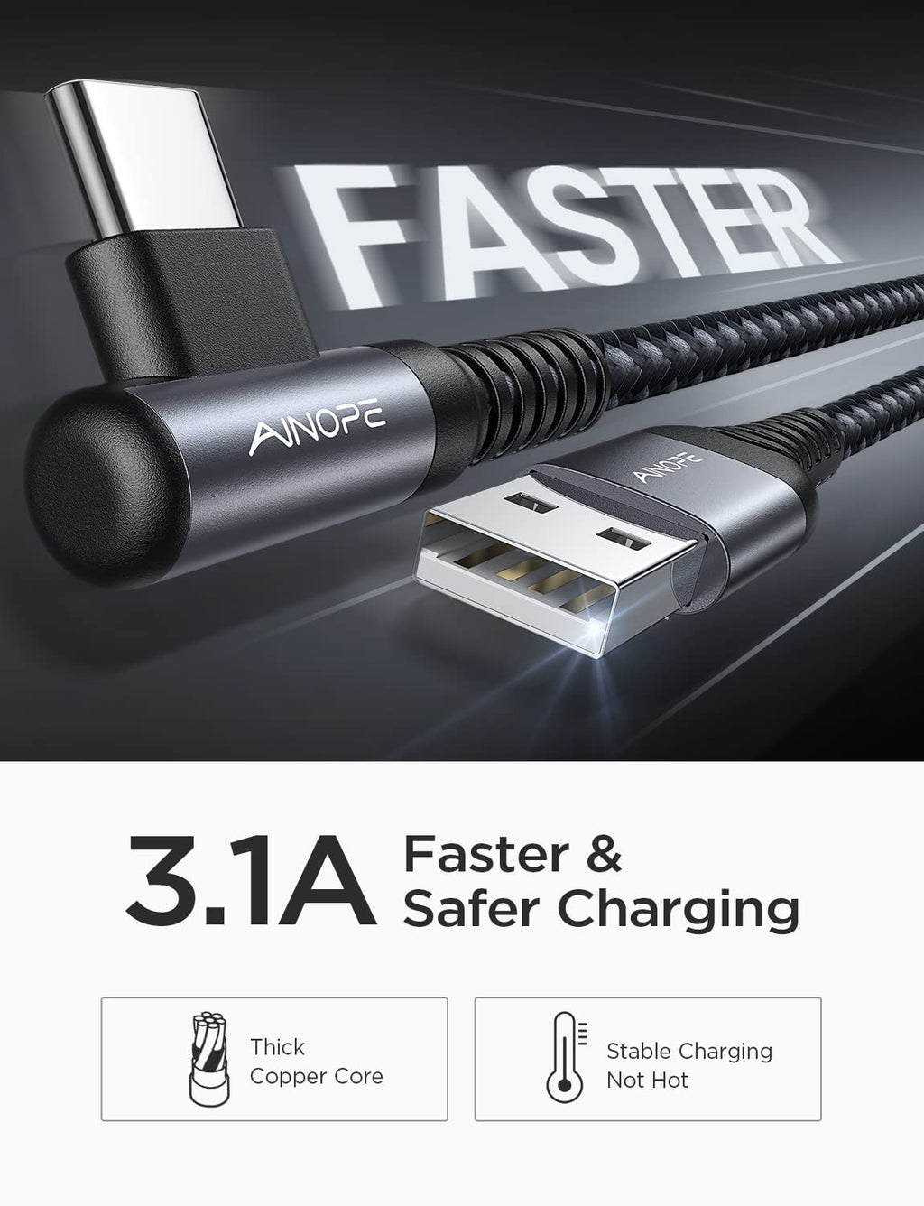 AINOPE 2-Pack 0.5ft USB C Cable, 3.1A Fast Charging, Right Angle, Durable Nylon Braided, Compatible with Galaxy S22 S21 Plus S20, Note 10 9 LG, Type C Charger