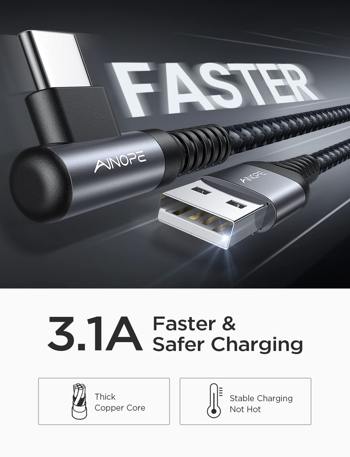 AINOPE 2-Pack 0.5ft USB C Cable, 3.1A Fast Charging, Right Angle, Durable Nylon Braided, Compatible with Galaxy S22 S21 Plus S20, Note 10 9 LG, Type C Charger