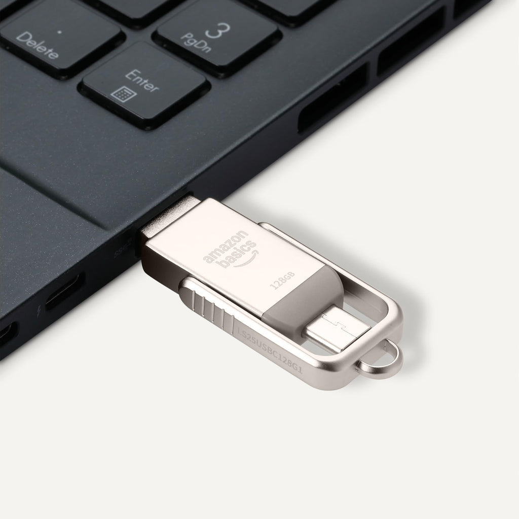 Amazon Basics USB Flash Drive, Thumb Drive Memory Stick with USB C and USB A Dual Ports, 128GB, Champagne Silver