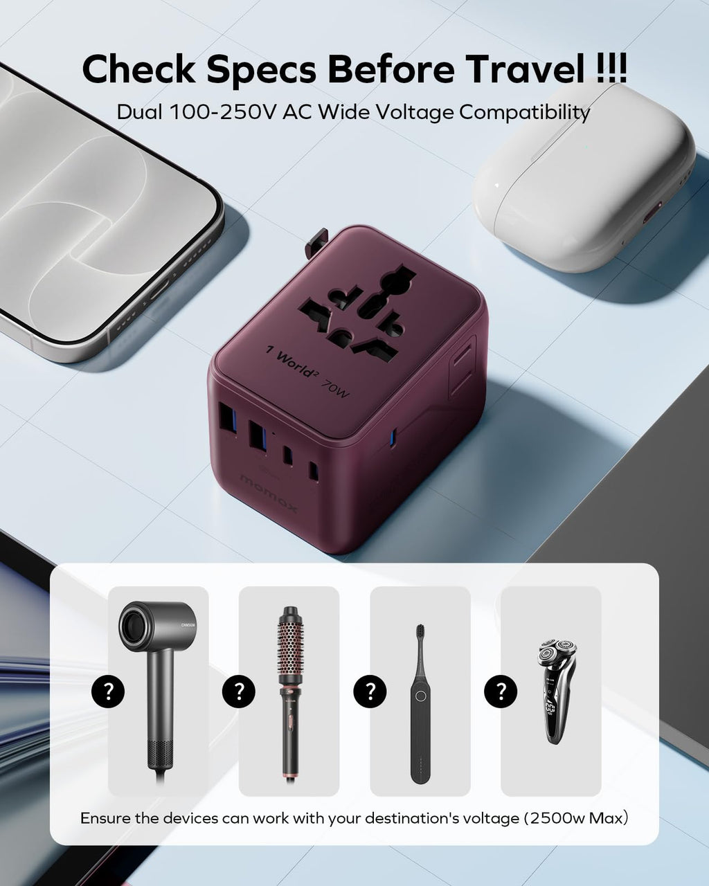 MOMAX Universal Travel Adapter 70W GaN, Travel Plug Adapter for UK/EU/AU/US