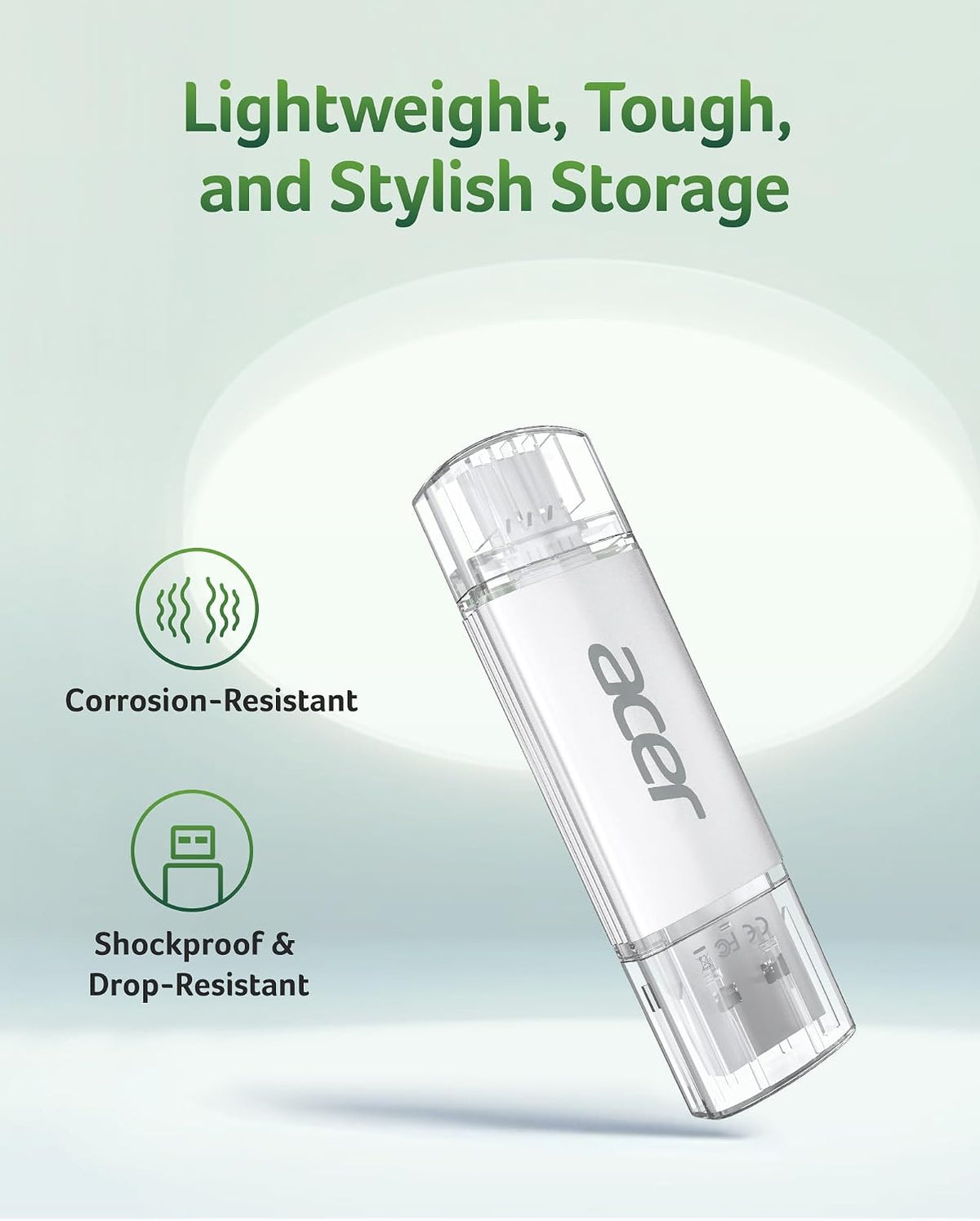 Acer UT300 USB 3.0 Flash Drive 64GB, Memory Pen Stick with Transfer Speeds Up to 150 MB/s, USB Type-C Typc-A Thumb Drive for Phones, Laptops, TVs and Audio Equipment