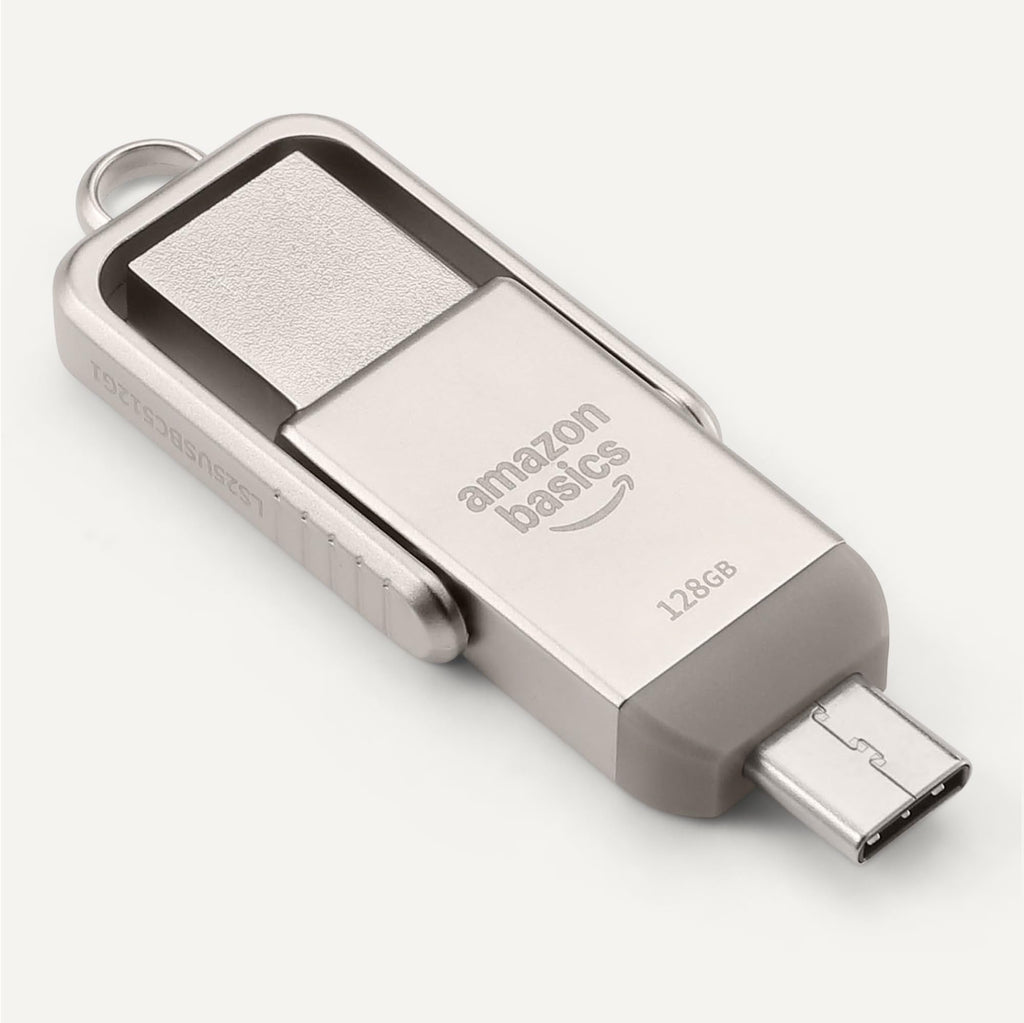 Amazon Basics USB Flash Drive, Thumb Drive Memory Stick with USB C and USB A Dual Ports, 128GB, Champagne Silver