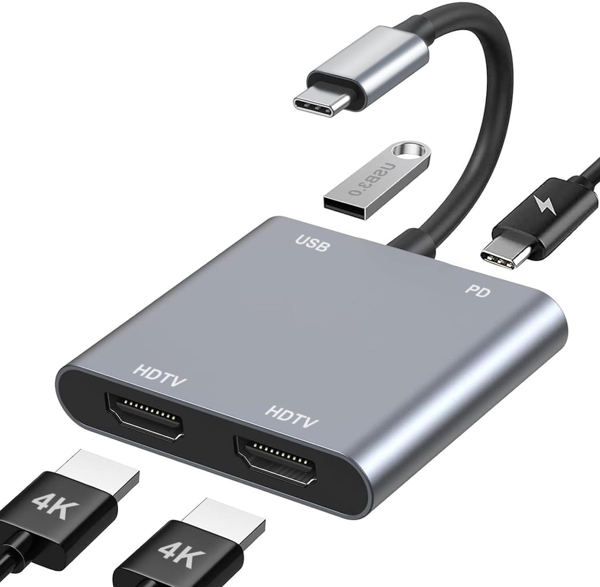 USB C to Dual HDMI Adapter, HDMI Splitter for Dual Monitors 4K@60Hz, USB C to HDMI Splitter Extended Display, USB Type C to Dual Monitors Adapter for MacBook Pro/Air, iPad, Surface, Dell, Chromebook