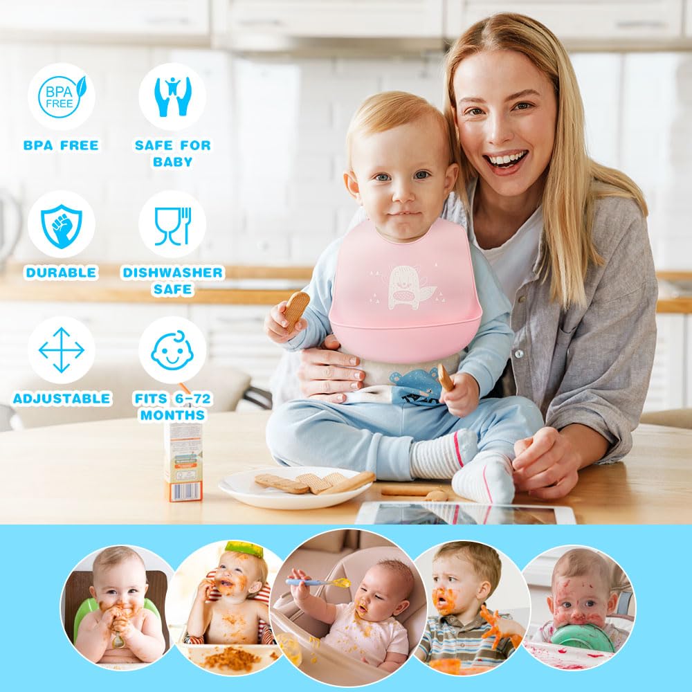 Vicloon Silicone Baby Bib, Baby Weaning Bibs, Waterproof Baby Feeding Bibs Adjustable with Wide Food Catcher Pocket Unisex Toddler Bibs