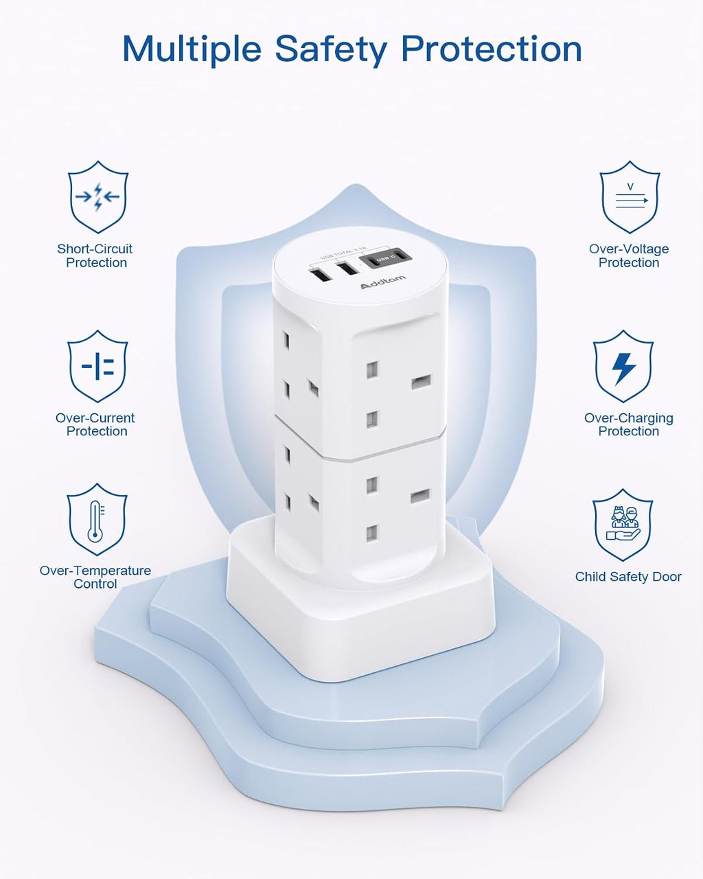 Tower Extension Lead with USB Slots, 8 Way Multi Plug Extension Tower &4USB