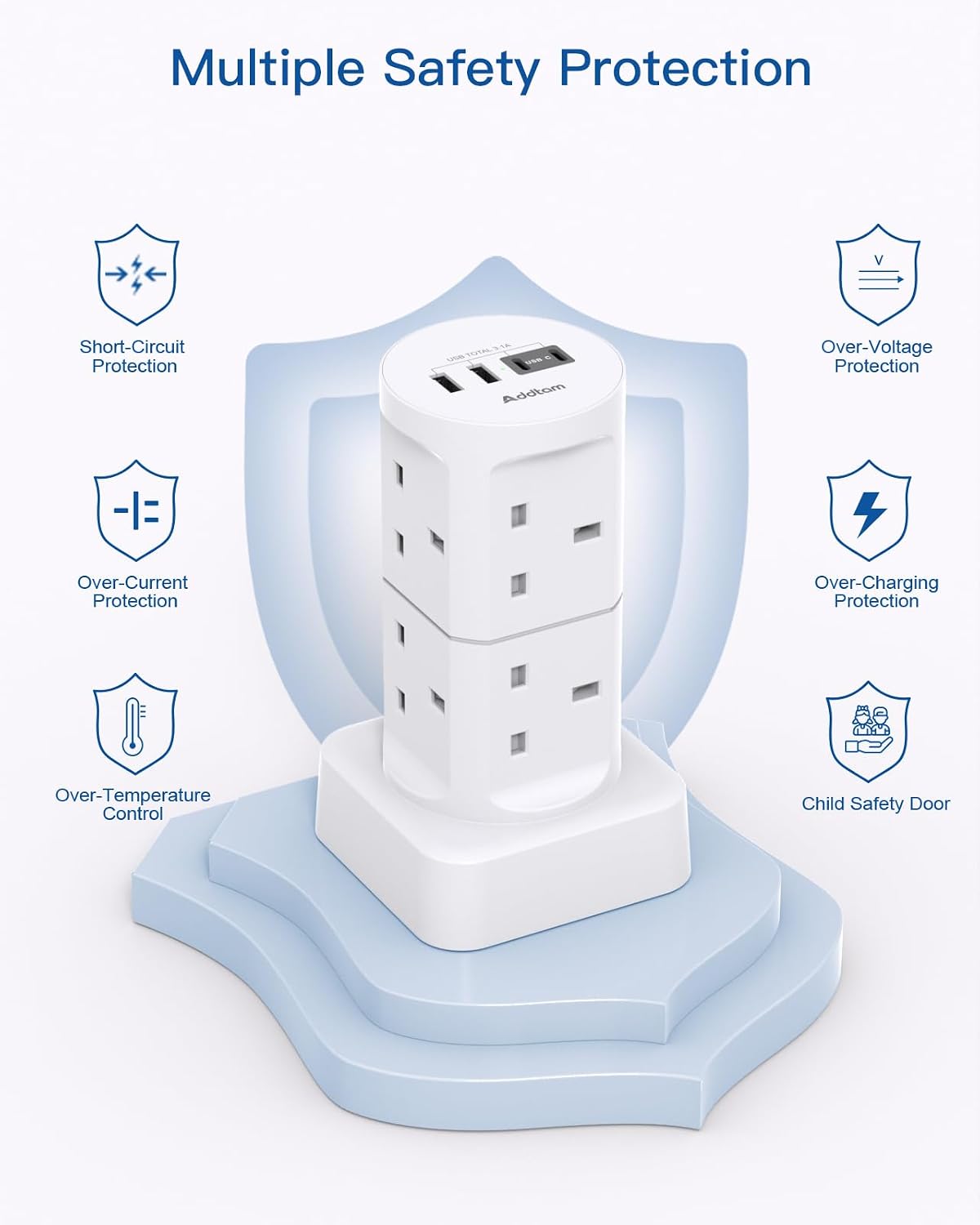 Tower Extension Lead with USB Slots, 8 Way Multi Plug Extension Tower &4USB