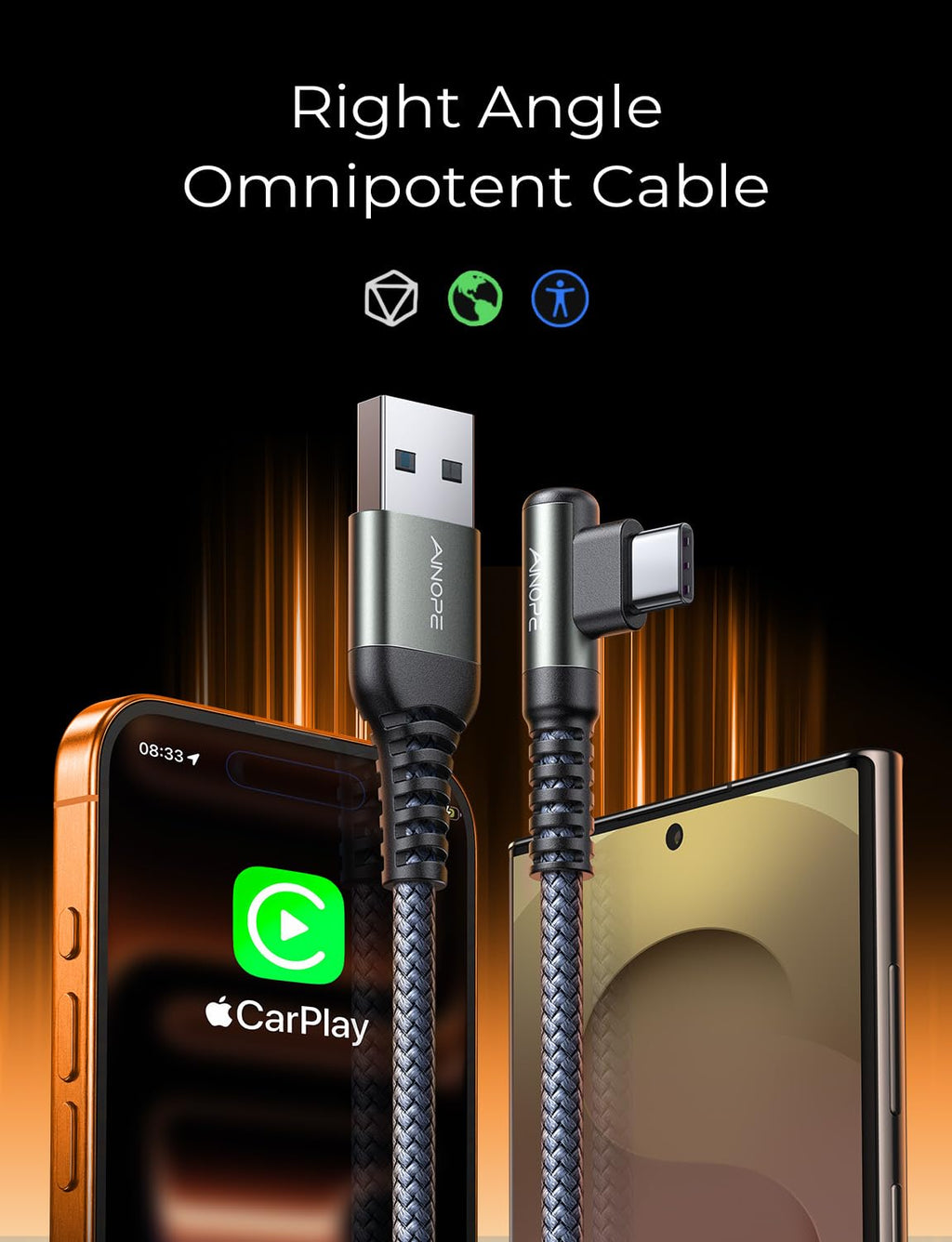 AINOPE 2-Pack 0.5ft USB C Cable, 3.1A Fast Charging, Right Angle, Durable Nylon Braided, Compatible with Galaxy S22 S21 Plus S20, Note 10 9 LG, Type C Charger