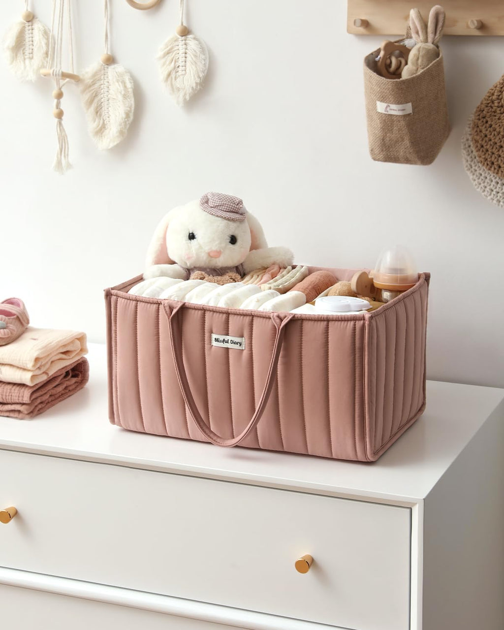 Blissful Diary Nappy Caddy Organiser, Baby Diaper Caddy for Nappy Station, Stylish Storage Basket for Newborn Essentials, Baby Shower Gifts for Girl or Boy, Sage Green
