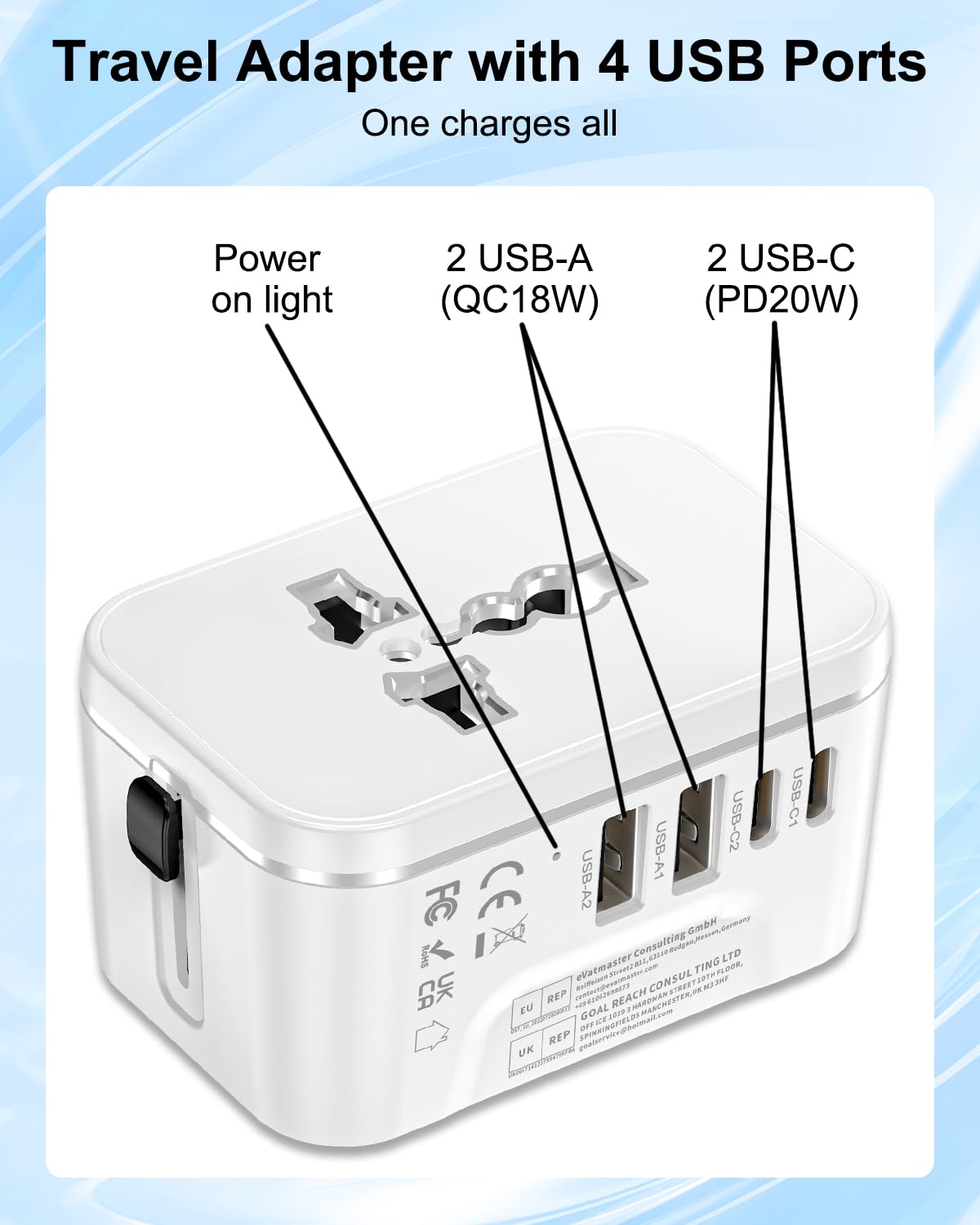 Universal Travel Adapter Worldwide with 2 USB C and 2 USB A Ports, International Travel Plug Adapter Worldwide USB Travel Adaptor All in One Universal Charger Power Adapter for European EU US UK AUS