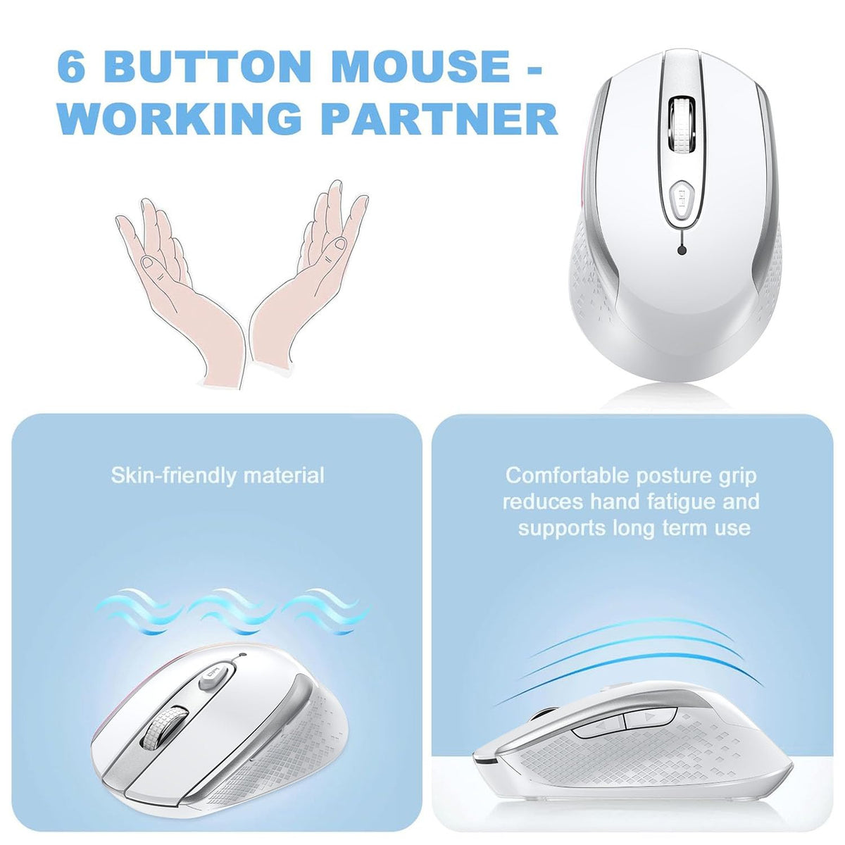 cimetech Wireless Mouse, 6 Buttons Mouse Silent Efficient Design, Suitable for Hand Size & Comfortable Grip, Office Mouse for Laptop PC Computer Tablets Windows Linux, 3 Adjustment Levels, Pinlk