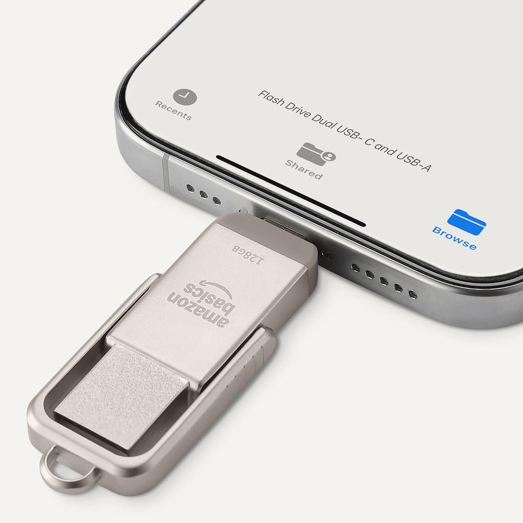 Amazon Basics USB Flash Drive, Thumb Drive Memory Stick with USB C and USB A Dual Ports, 128GB, Champagne Silver