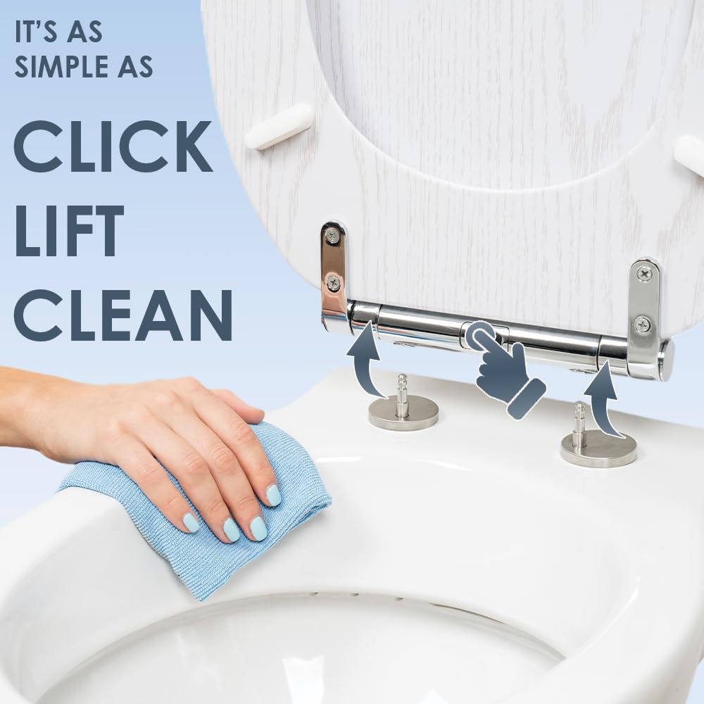 AQUALONA® Luxury Grey Oak Effect Toilet Seat - Soft Close MDF Moulded Wood Seat with Quick Release Button and Durable Hinges - Comfortable, Easy to Clean and Install with Universal Fittings