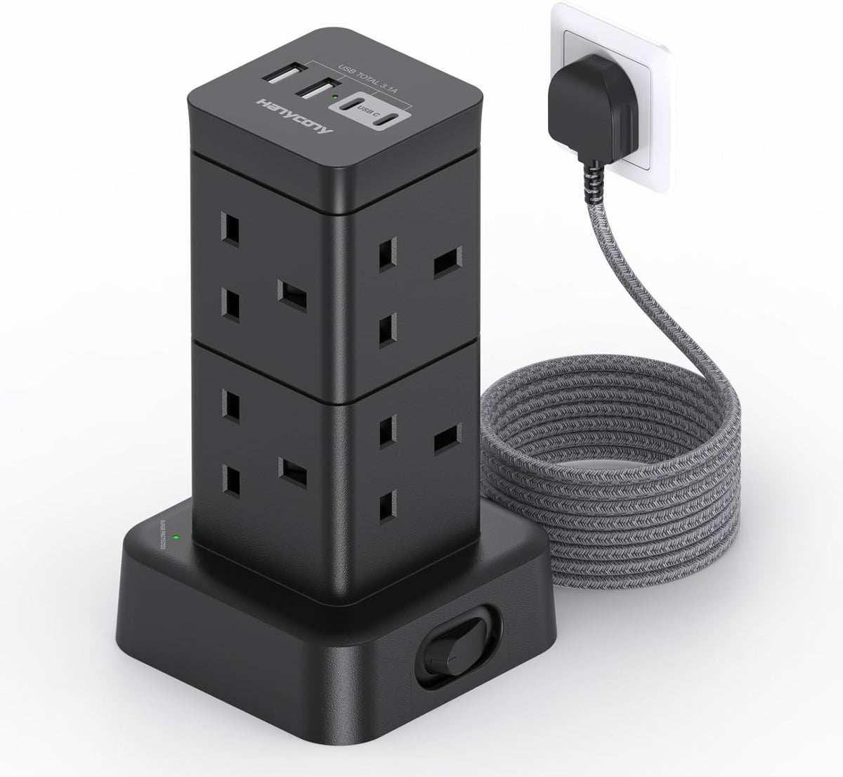 3M Tower Extension Lead with 2 USB C Slots, 8 Way Outlets Power Strip, 10Ft