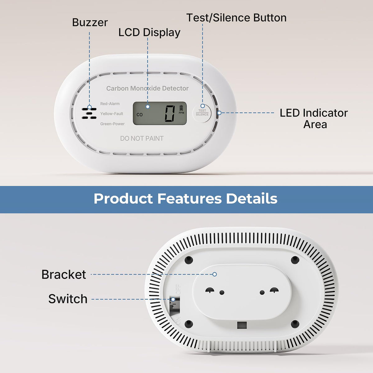 XINDUM Carbon Monoxide Detector 10-Year Battery LCD Display CE Black 1Pack