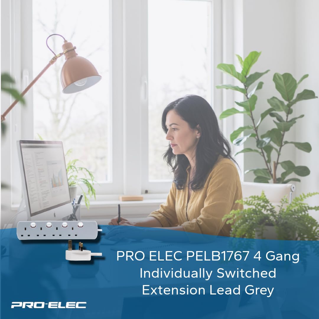 PRO ELEC PELB1768 4 Gang Individually Switched Extension Lead 10m, Grey, 4 Socket