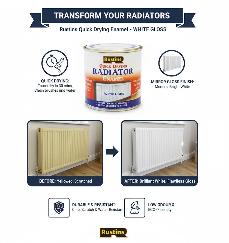 RUSTINS Quick Drying Radiator Enamel Satin - Black 250ml – Durable, Long-Lasting Finish for Radiators That Stands the Test of Time