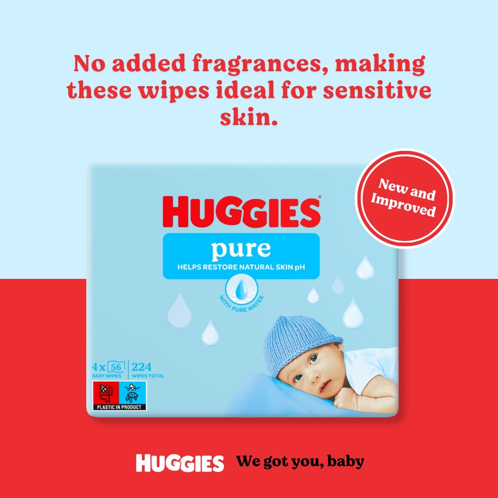 Huggies Pure Plastic Free Baby Wipes - Pack of 18 (864 Wipes) - 99% Water Wet Wipes, Fragrance Free, Hypoallergenic, Better Cleaning, Soft and Gentle on Babies' Delicate Skin