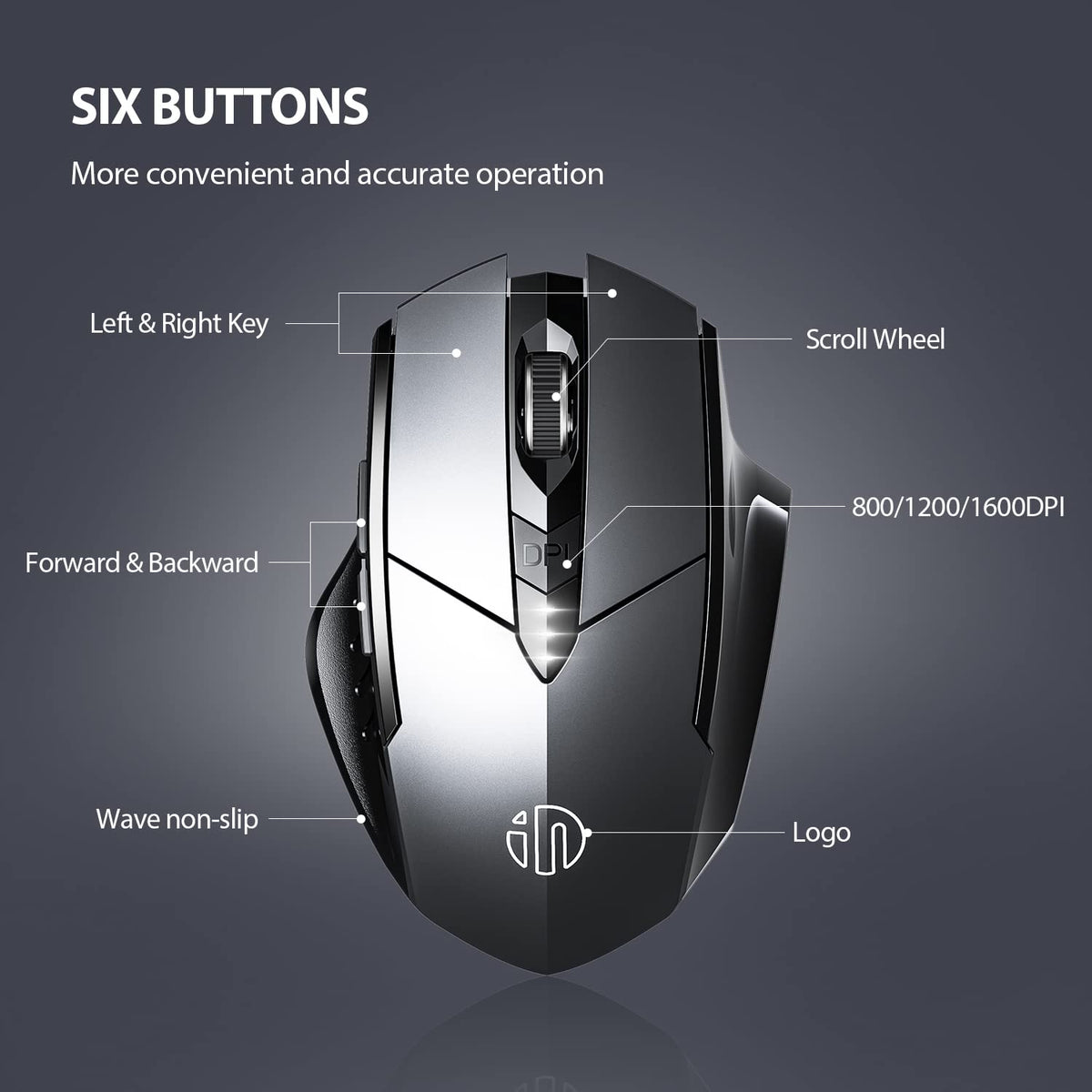 INPHIC Wireless Mouse Rechargeable, [Battery Level Visible], Silent Click USB 2.4G Cordless Mouse for Laptop PC Computer Tablets, 6 Buttons, 2400DPI 4 Adjustment Levels, Black