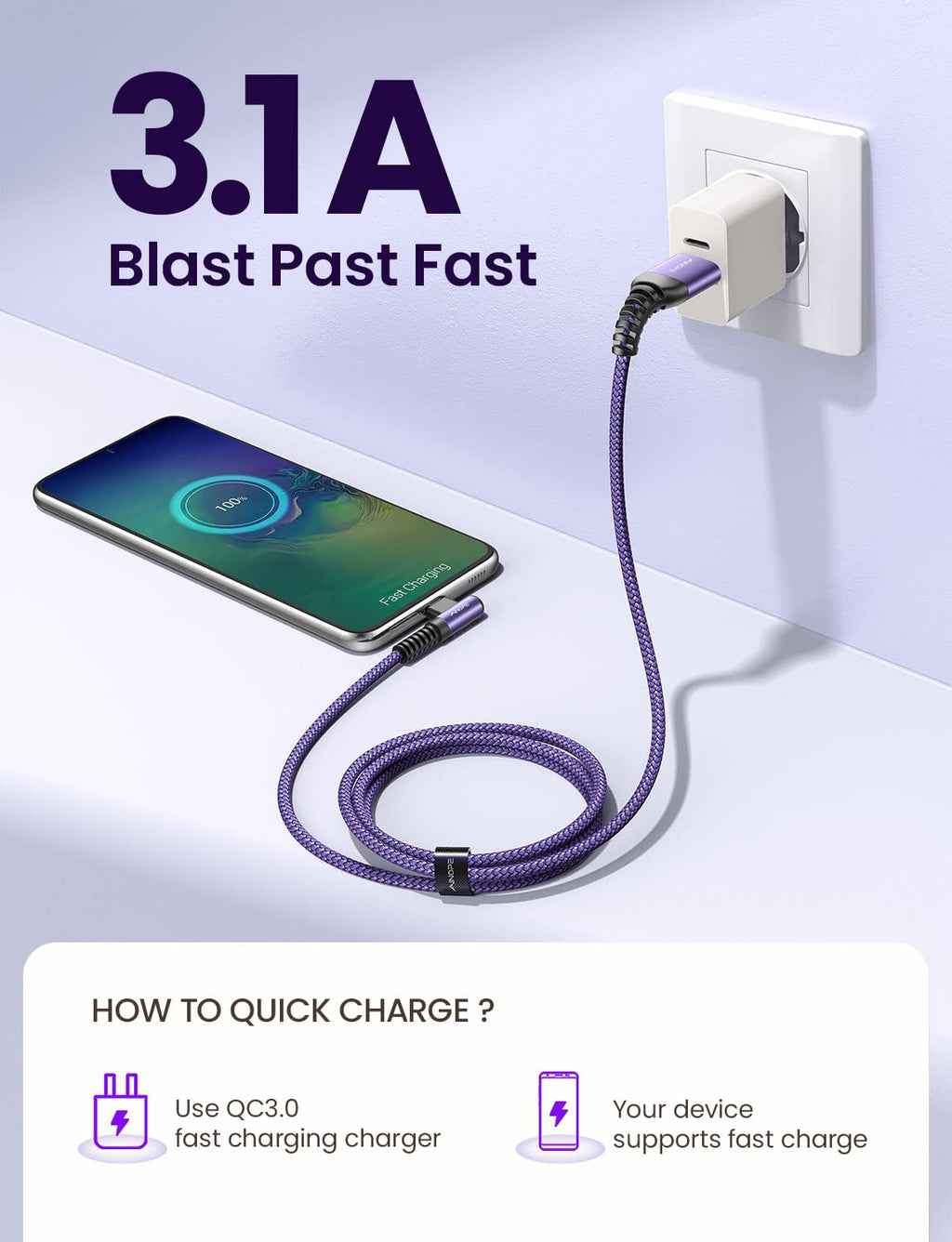 AINOPE 2-Pack 0.5ft USB C Cable, 3.1A Fast Charging, Right Angle, Durable Nylon Braided, Compatible with Galaxy S22 S21 Plus S20, Note 10 9 LG, Type C Charger