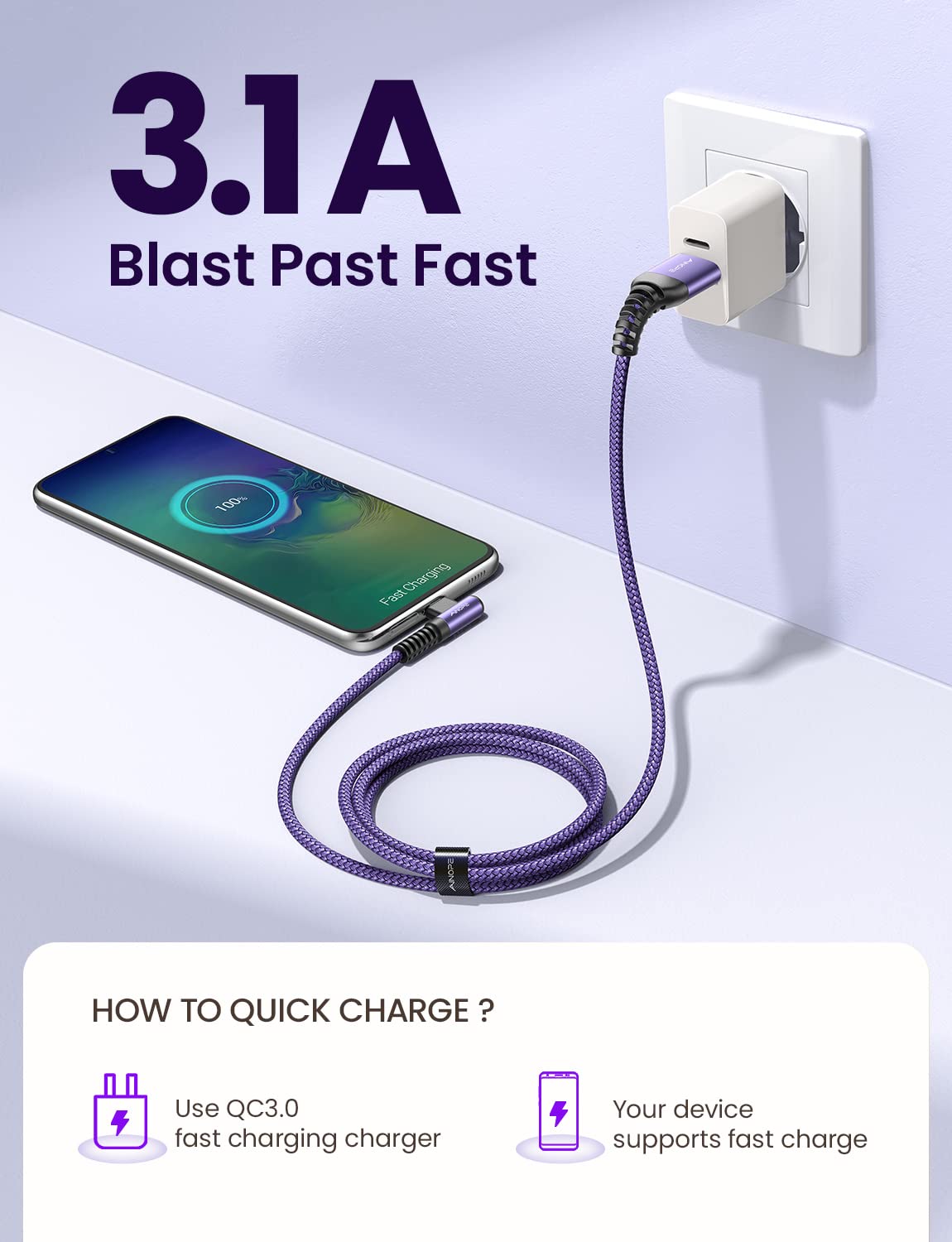 AINOPE 2-Pack 0.5ft USB C Cable, 3.1A Fast Charging, Right Angle, Durable Nylon Braided, Compatible with Galaxy S22 S21 Plus S20, Note 10 9 LG, Type C Charger