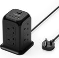 TESSAN 8 Way Black Tower Extension Lead 2M with 4 USB Slots (2 USB C)