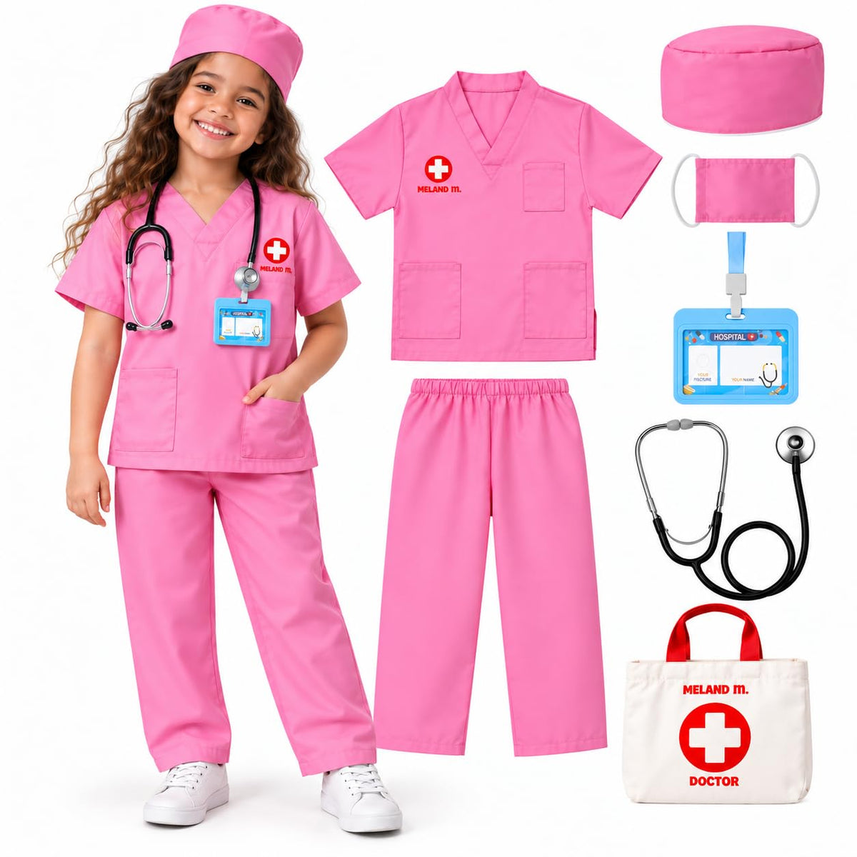 Meland Doctor Costume for Kids 3-10, Pretend Play Career Dress Up with Bag