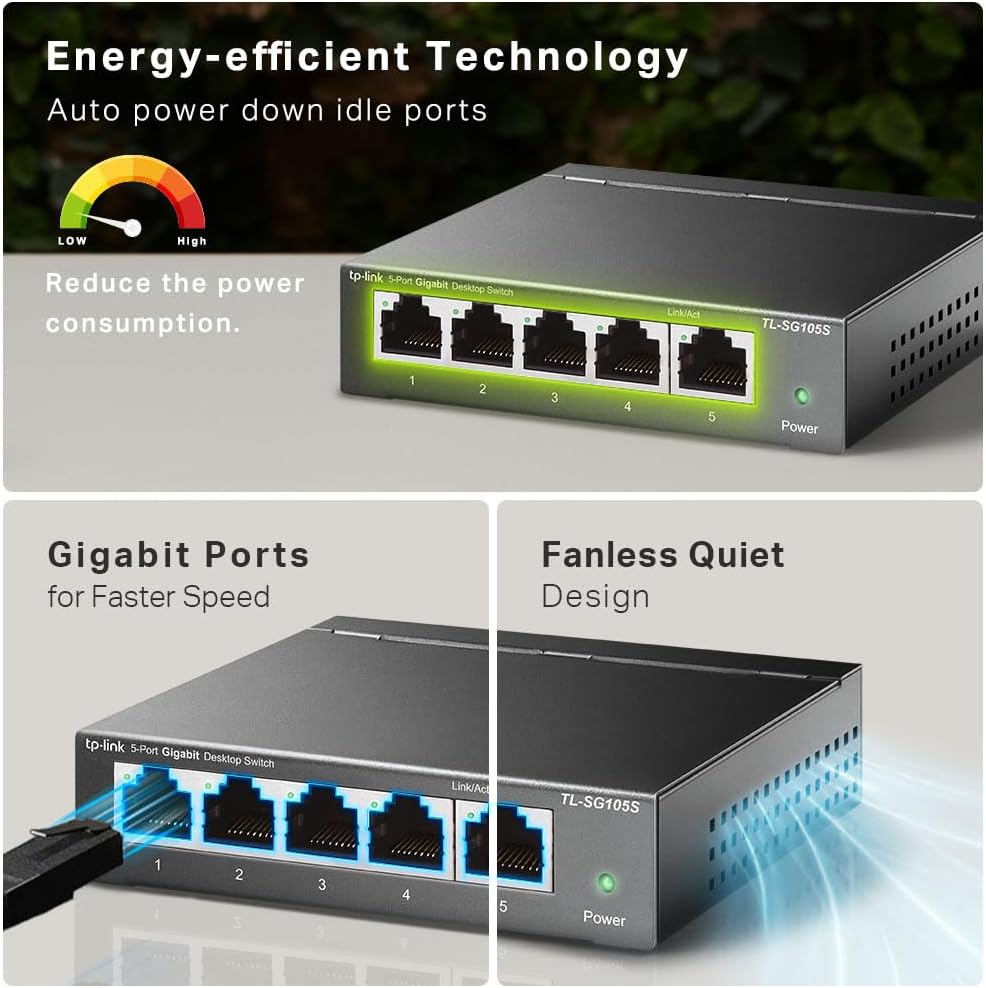 TP-Link TL-SG105S 5-Port Gigabit Network Switch, Metal Ethernet Splitter