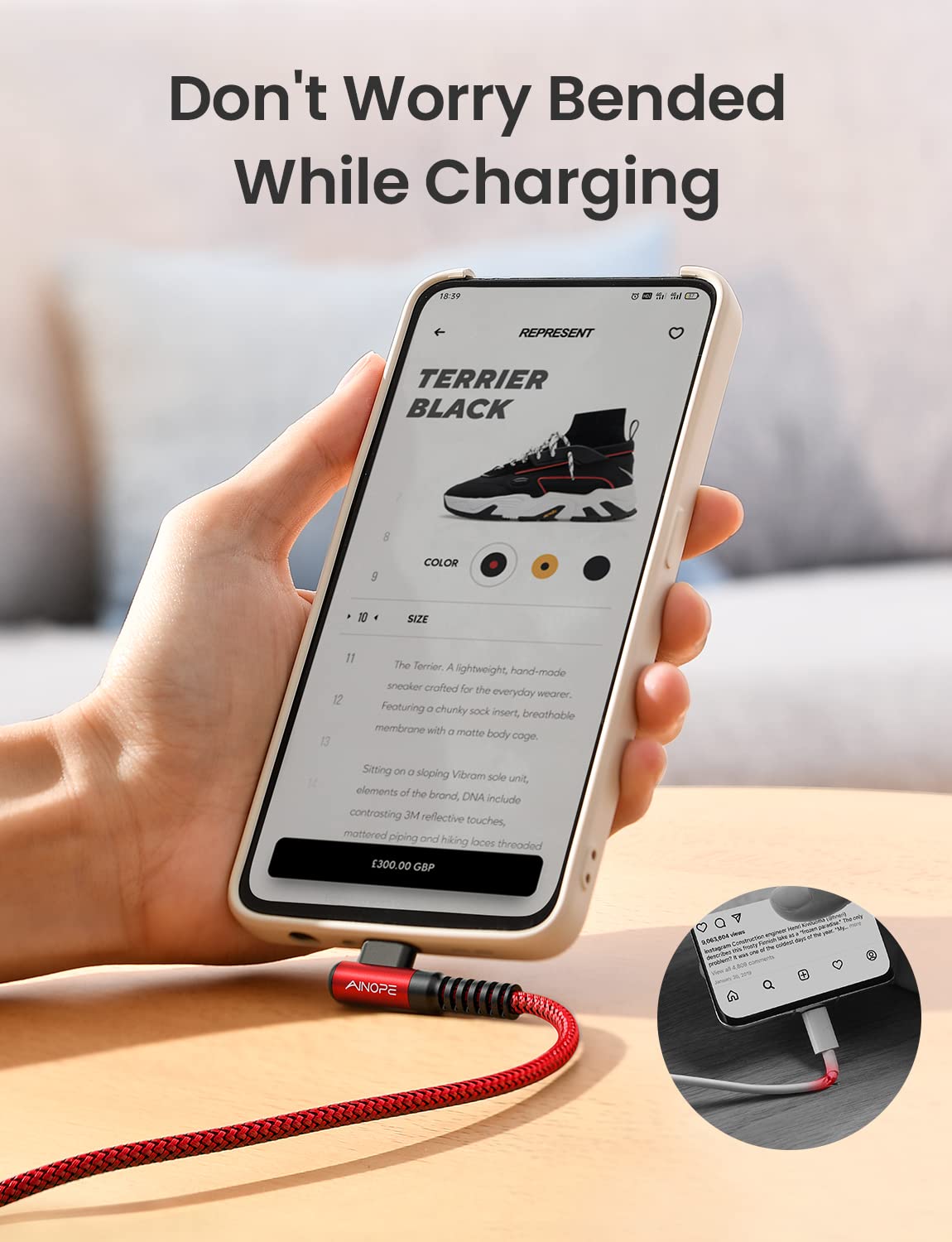 AINOPE 2-Pack 0.5ft USB C Cable, 3.1A Fast Charging, Right Angle, Durable Nylon Braided, Compatible with Galaxy S22 S21 Plus S20, Note 10 9 LG, Type C Charger
