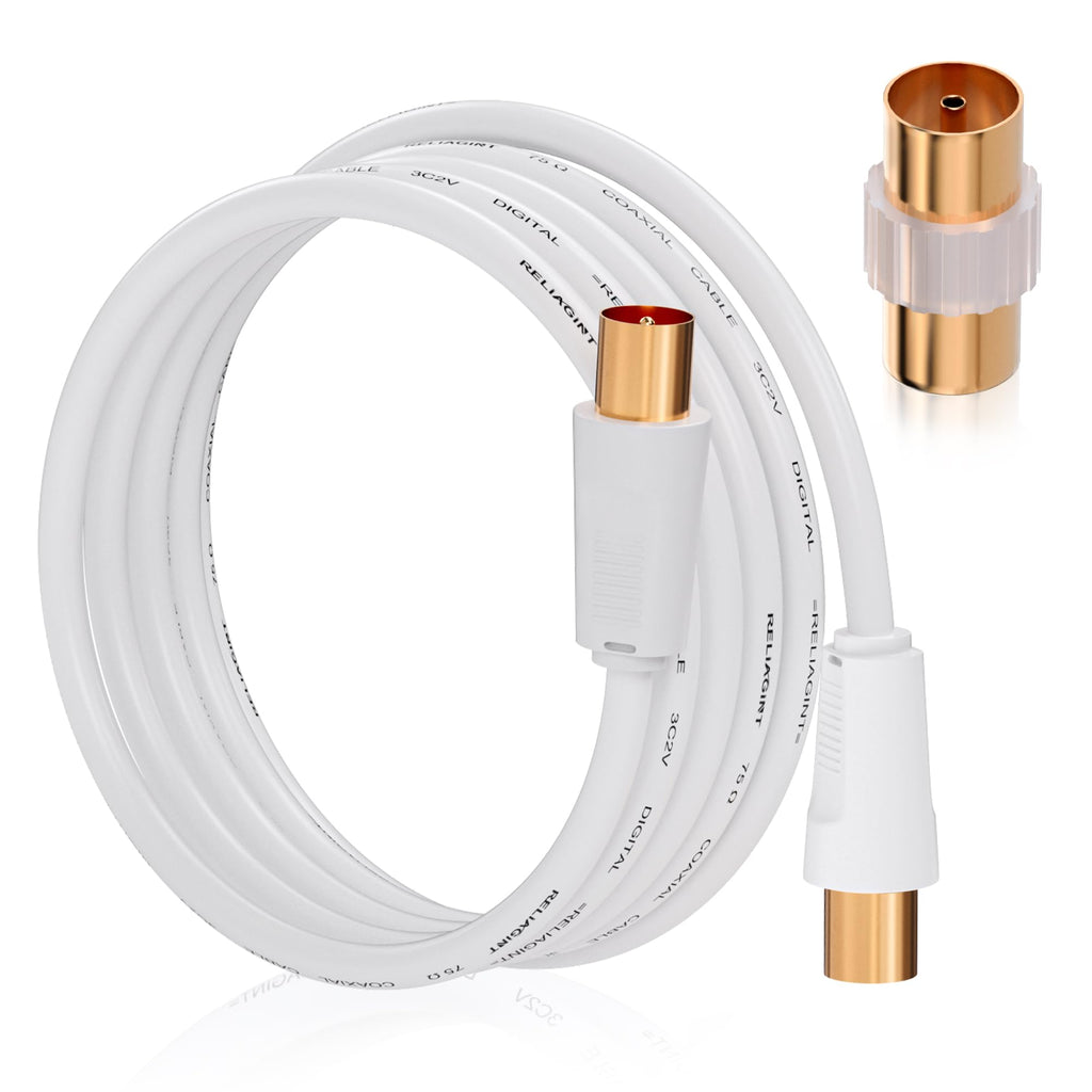 TV Aerial Cable 0.5m, 75 Ohm Coaxial Lead, IEC 9.5mm Male to Male 3C2V Pure Copper Dual Shielded, Right-Angle Connector, Female to Female Adaptor Included, Black