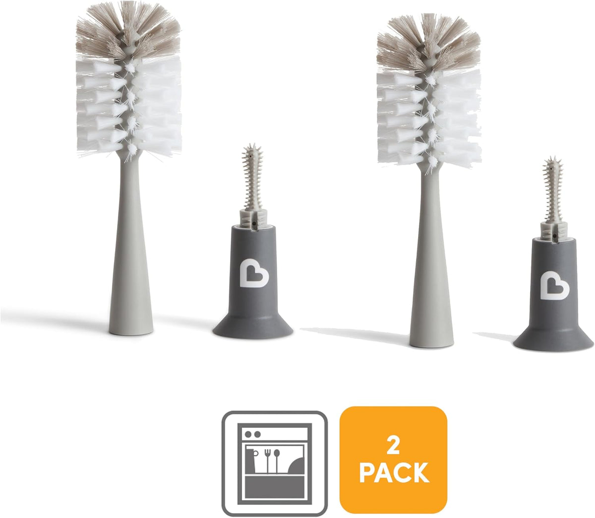 Munchkin 2 Pack Bristle Bottle Brushes for Baby Cups | Built-in Teat | Grey