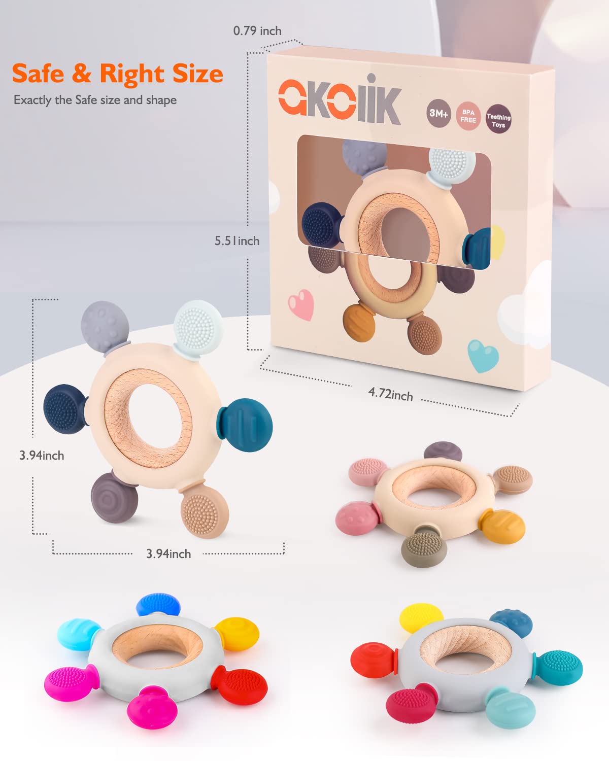 akolik Teething Toys for Baby,Teething Relief Teether Toys for Babies 3-6-12 Months, Silicone Sensory Wooden Teething Toys, BPA-Free,Baby Essentials for 3-6 Months Boy, Girl Toddlers