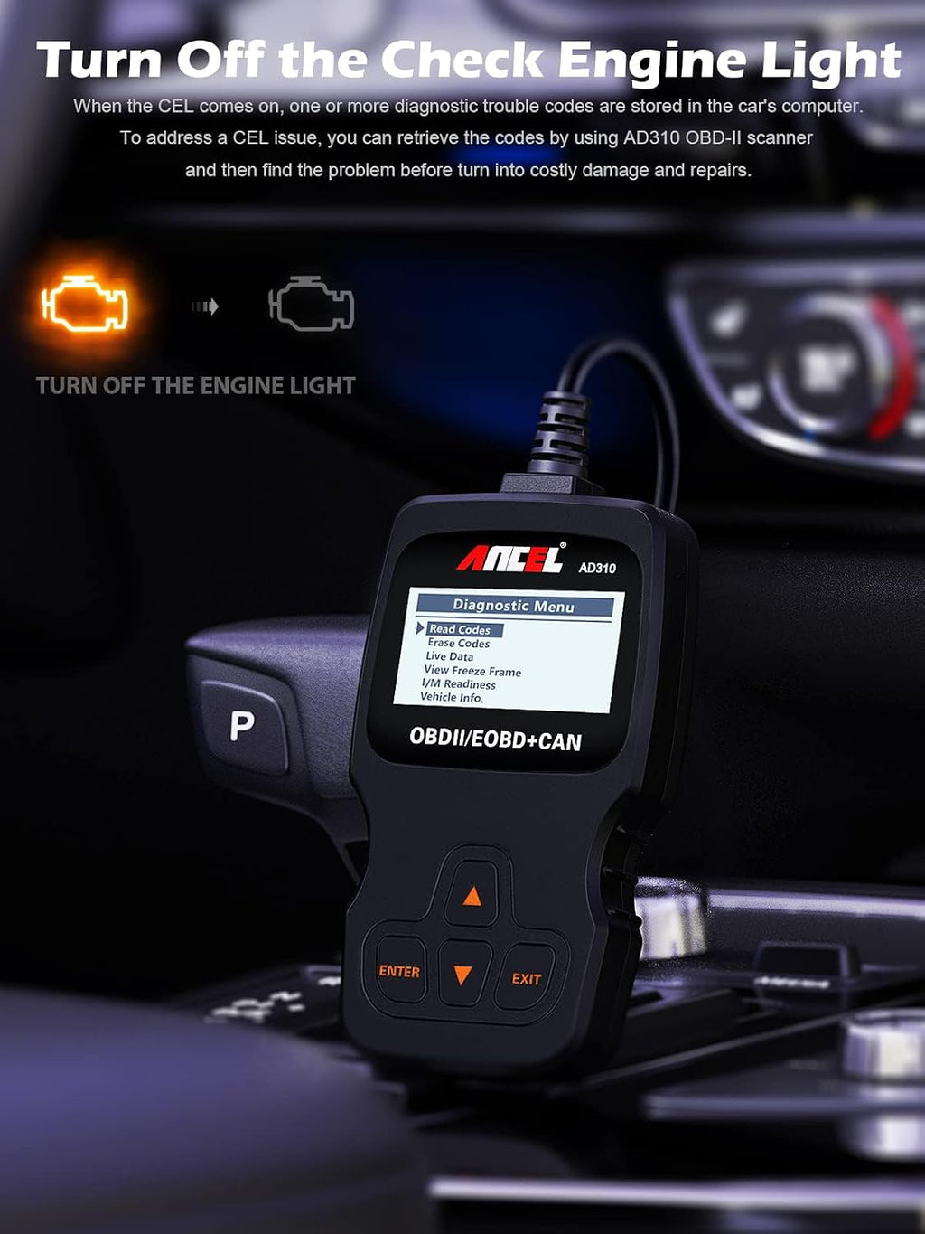 ANCEL AD310 OBD2 Scanner Code Reader Car Engine Fault Diagnostic - Orange