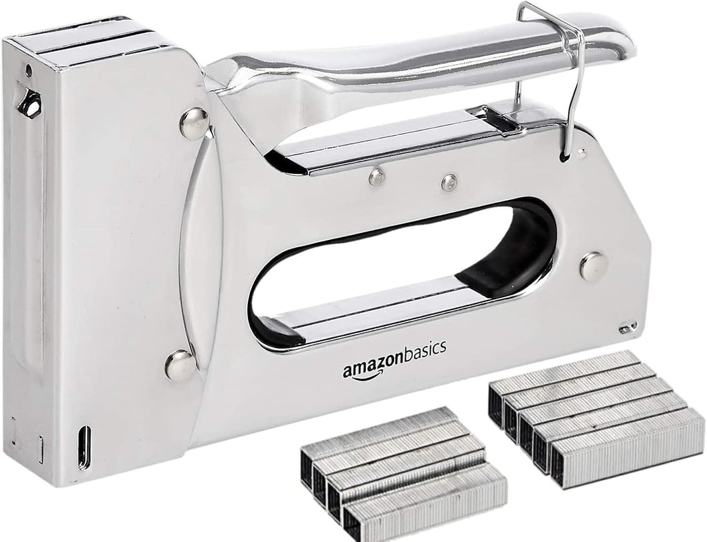 Amazon Basics Heavy Duty Stapler Gun with 1000 Staples, for Upholstery, Home Repairs, Carpentry and other Professional Projects, Silver