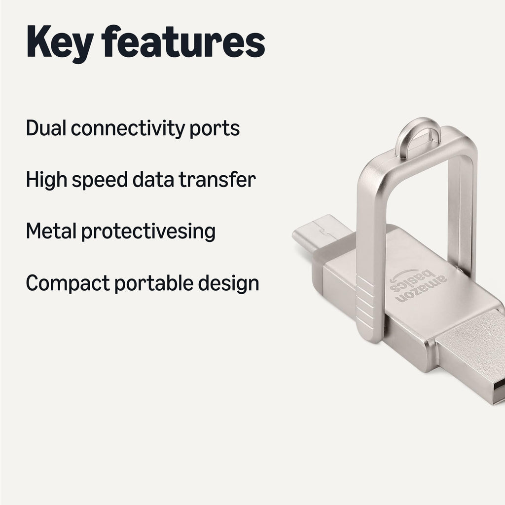 Amazon Basics USB Flash Drive, Thumb Drive Memory Stick with USB C and USB A Dual Ports, 128GB, Champagne Silver