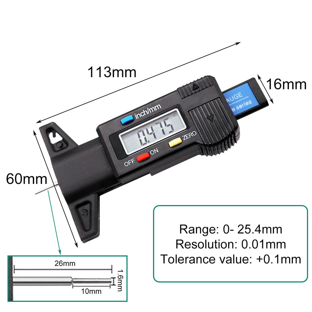 Digital Tire Tread Depth Meter, 0-25.4mm / 1Inch Tyre Guage-black
