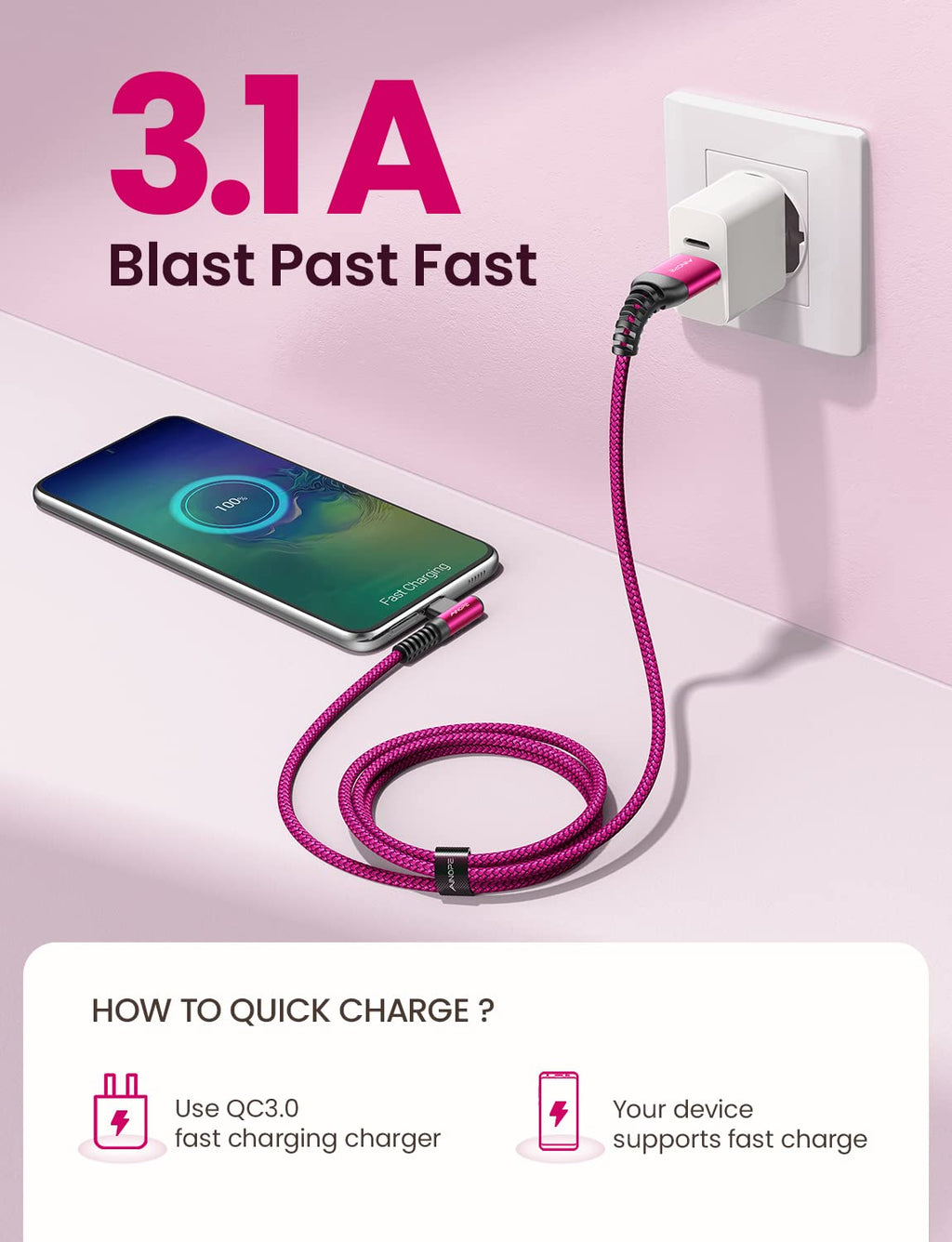 AINOPE 2-Pack 0.5ft USB C Cable, 3.1A Fast Charging, Right Angle, Durable Nylon Braided, Compatible with Galaxy S22 S21 Plus S20, Note 10 9 LG, Type C Charger