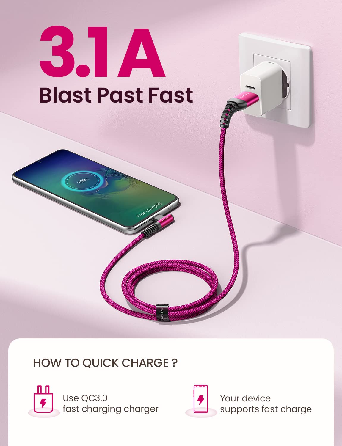 AINOPE 2-Pack 0.5ft USB C Cable, 3.1A Fast Charging, Right Angle, Durable Nylon Braided, Compatible with Galaxy S22 S21 Plus S20, Note 10 9 LG, Type C Charger