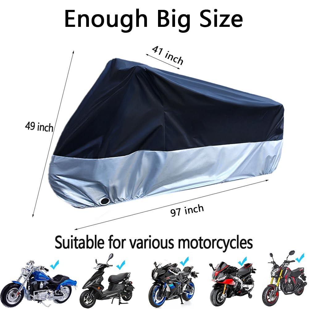 Motorcycle Cover Waterproof, Outdoor Motorbike Cover with Lock-Holes, All Season Protection Motorbike Vehicle Covers Fits up to 97" Motorcycles, Size 2XL - Black