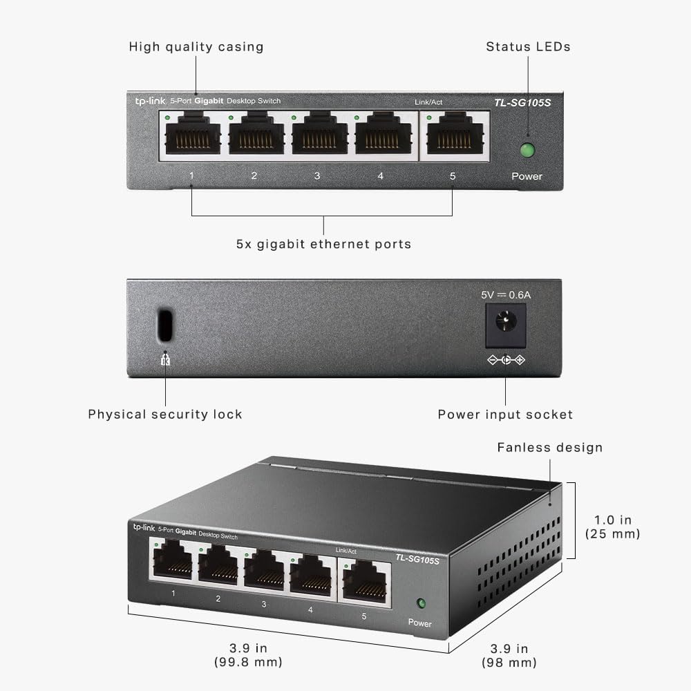 TP-Link TL-SG105S 5-Port Gigabit Network Switch, Metal Ethernet Splitter