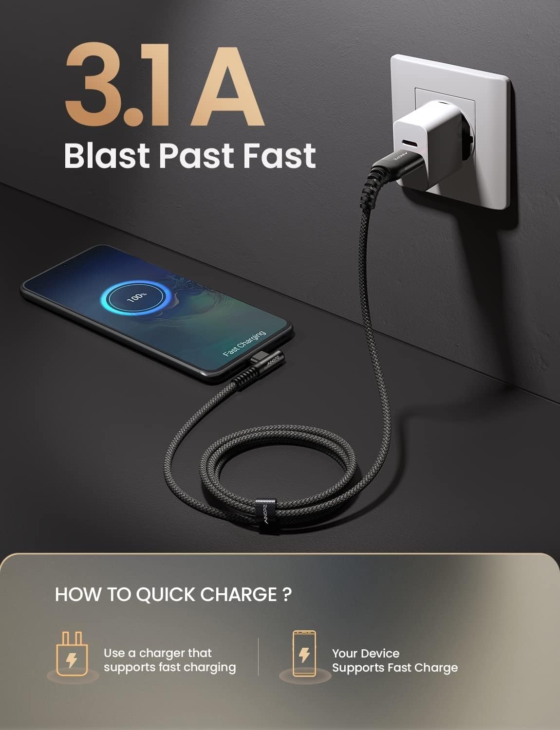 AINOPE 2-Pack 0.5ft USB C Cable, 3.1A Fast Charging, Right Angle, Durable Nylon Braided, Compatible with Galaxy S22 S21 Plus S20, Note 10 9 LG, Type C Charger
