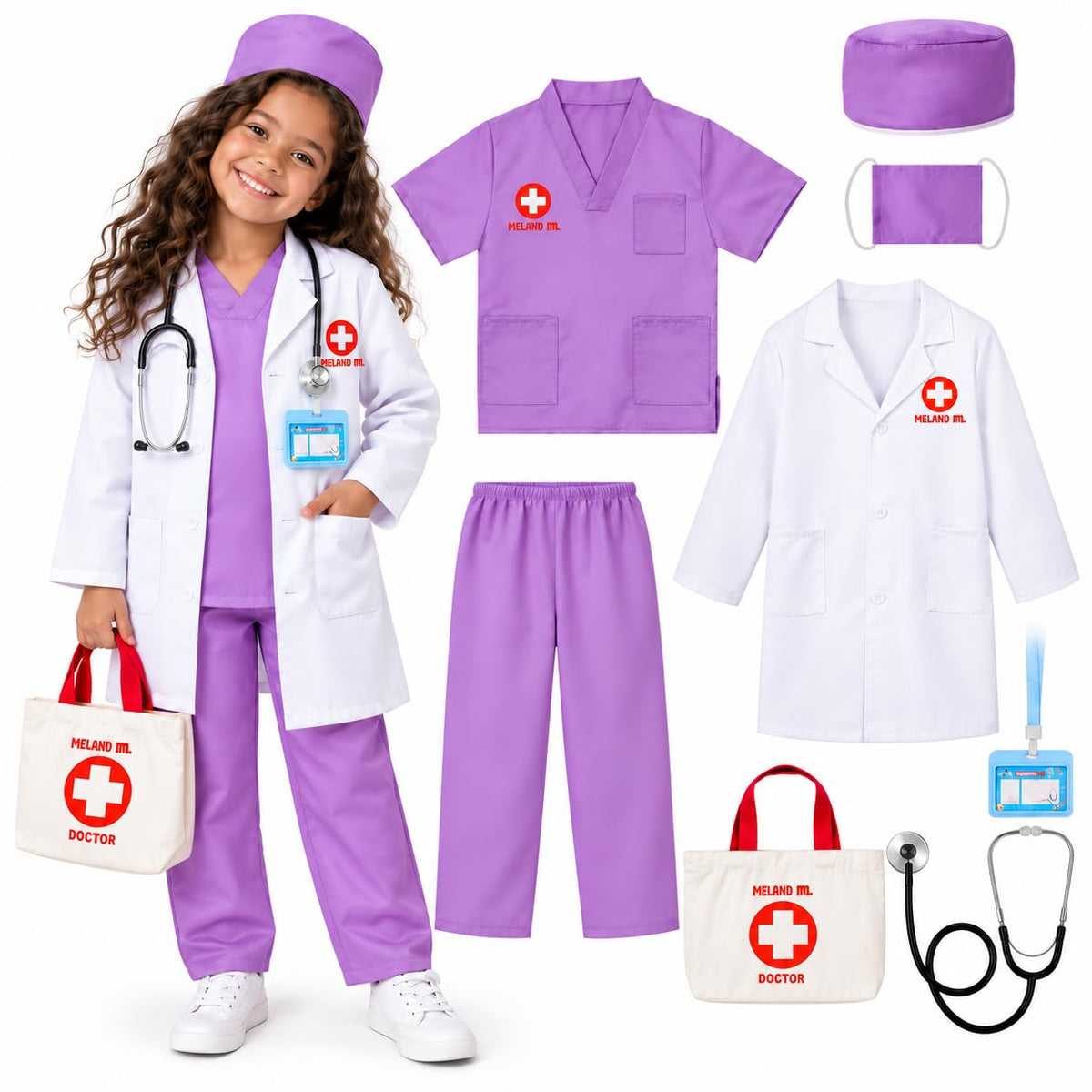 Meland Doctor Costume for Kids 3-10, Pretend Play Career Dress Up with Bag