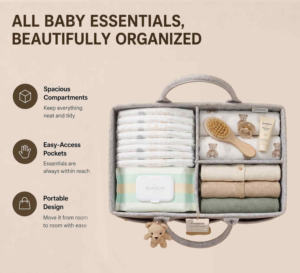 Essential Baby Caddy for Newborns. Spacious, Sturdy & Portable Diaper and Nappy Caddy for Newborn Essentials, Nursery Storage Basket & Organiser for Baby Shower Gifts & Registry Must-Haves Grey