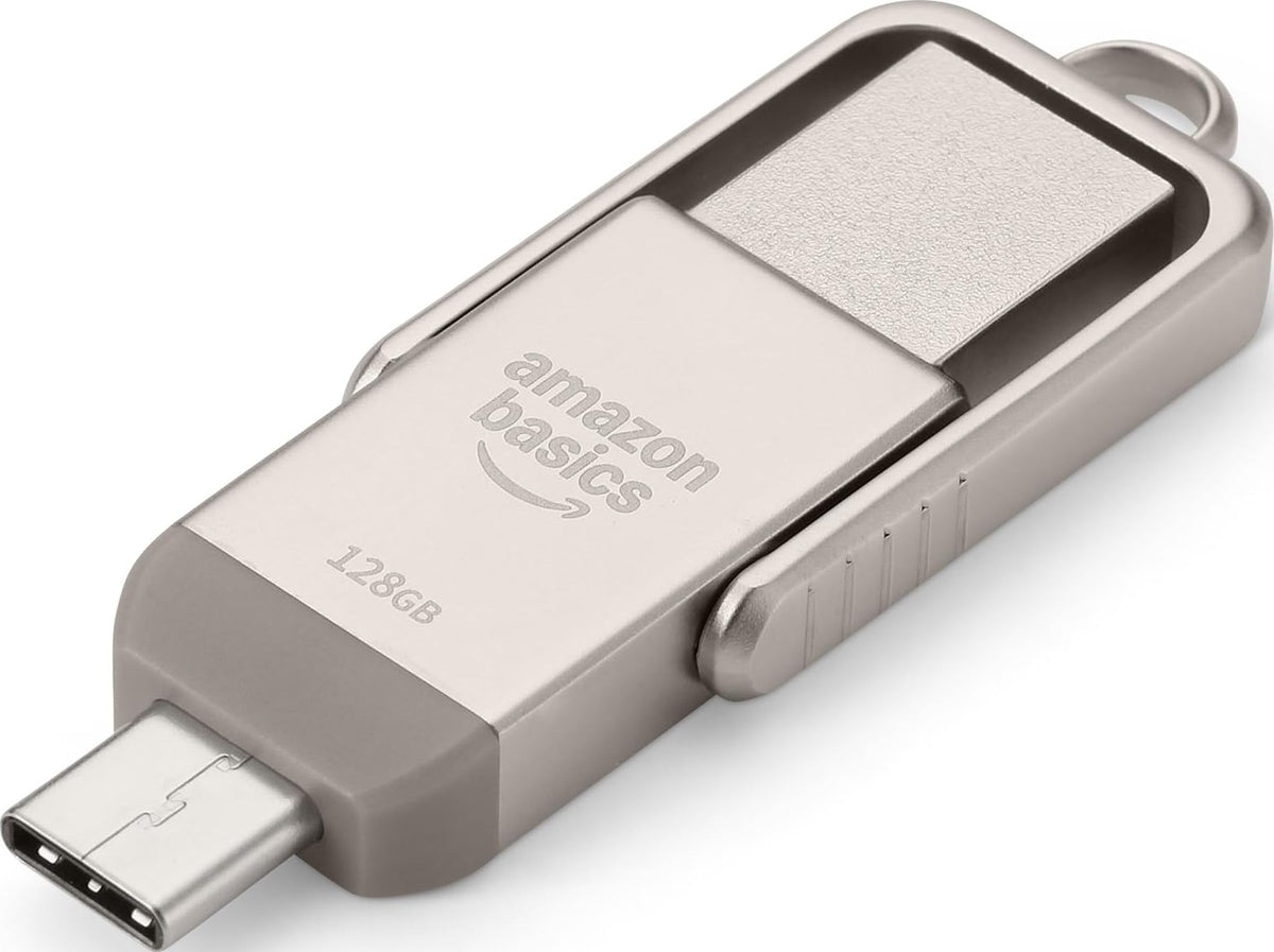 Amazon Basics USB Flash Drive, Thumb Drive Memory Stick with USB C and USB A Dual Ports, 128GB, Champagne Silver (Pack of 2)