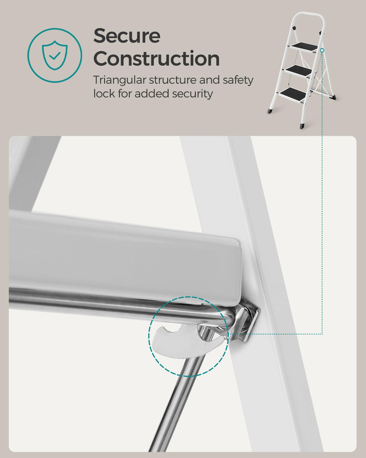 SONGMICS 3-Step Ladder, Folding Step Ladder, Safety, Holds up to 150KG