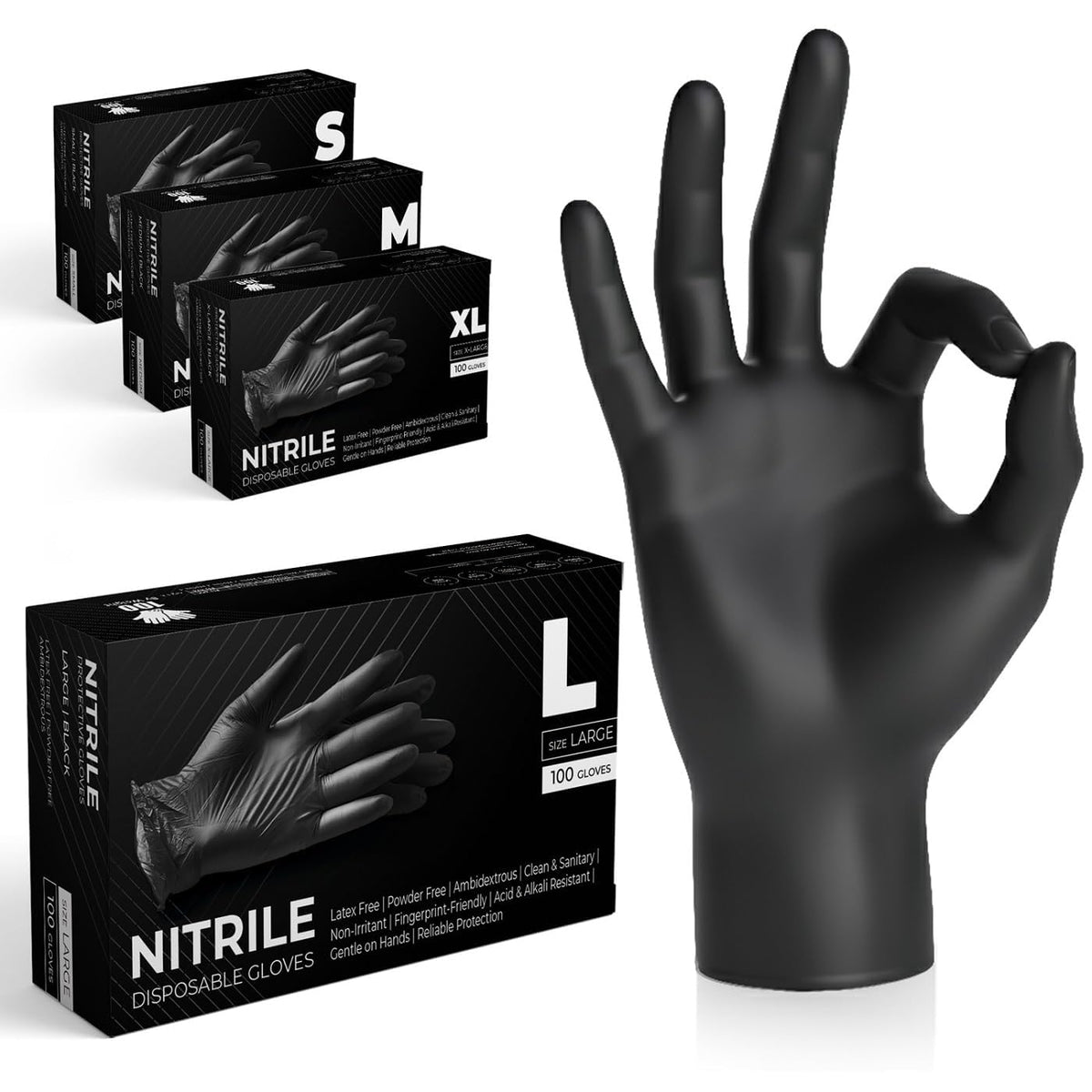 The Real Touch Black Nitrile Multi-Purpose Disposable Gloves, Powder Free, Disposable, Extra Strong - Box of 100 (Black, Large)