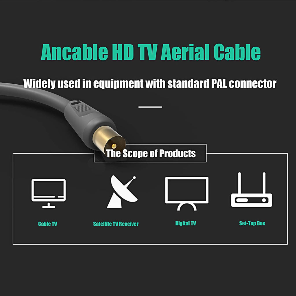 Ancable TV Aerial Cable with Coaxial Adapter 5M Black TV Ariel Lead