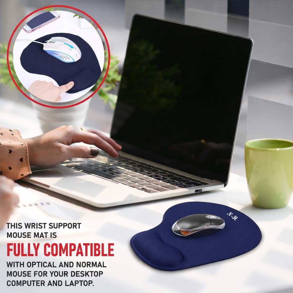New Horrizon - Mouse Mat BLACK ANTI-SLIP COMFORT MOUSE PAD MAT WITH GEL FOAM REST WRIST SUPPORT FOR PC LAPTOP - Compatible with Laser and Optical Mice