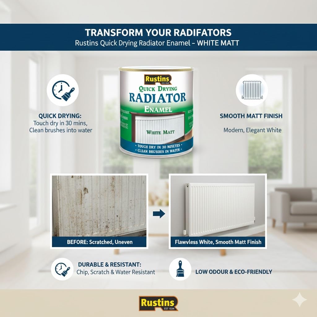 RUSTINS Quick Drying Radiator Enamel Satin - Black 250ml – Durable, Long-Lasting Finish for Radiators That Stands the Test of Time
