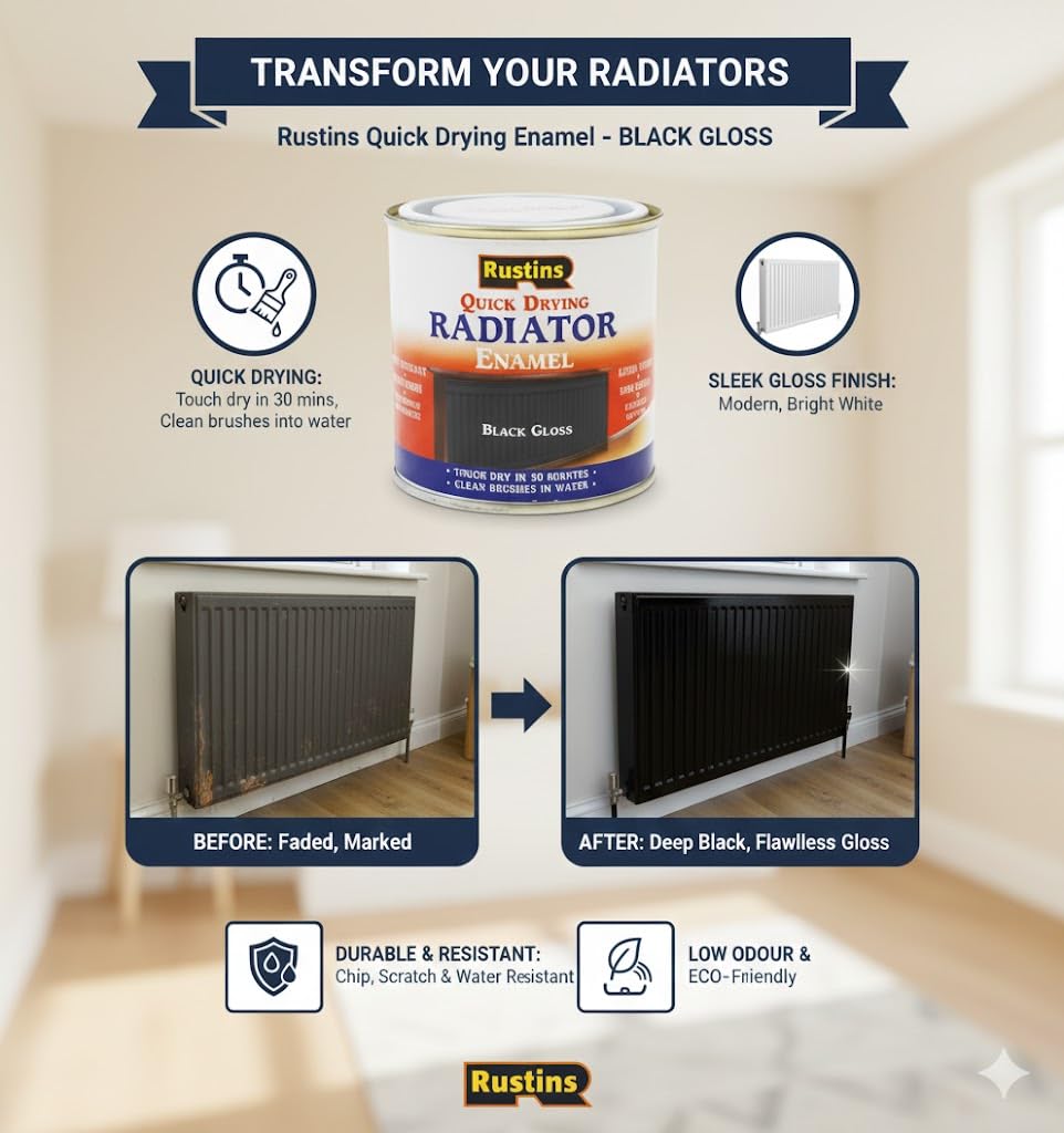 RUSTINS Quick Drying Radiator Enamel Satin - Black 250ml – Durable, Long-Lasting Finish for Radiators That Stands the Test of Time